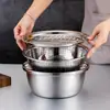 Juego de Tres Piezas de Cuenco con Rejilla de Acero Inoxidable Cuenco Espesado con Drenaje Rallador de Cocina para el Hogar Colador para Lavar Arroz Cuenco con Fugas Placa de Rejilla de Alambre