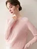 Suéter de punto de lana para mujer, estilo francés suave, borde enrollado, cuello redondo, cachemira, patrón de diamante oscuro, jacquard tridimensional, punto de una sola línea