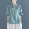 Top feminino estilo chinês, com estampas étnicas chinesas, bordados retrô, mistura de algodão e linho, design de puxar, gola alta e botões de nó chinês tradicionais, adequado para cerimônias de chá