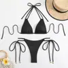 Nuevo Bikini de Comercio Exterior Amazon Europeo y Americano Conjunto de Tres Puntos Sexy Color Sólido Sistema Dividido Traje de Baño de Tirantes Mayoreo