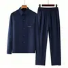 Roupa de verão casual estilo chinês para homens de meia-idade e idosos, com camisa de manga comprida e calça, personagem Fu pequeno, lapela, solta, fina