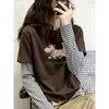 Camiseta de Manga Larga para Mujer Estilo Retro Americano Falso Dos Piezas Bloque de Color Algodón Puro Otoño Versátil Reductora de Edad Elegante Chic Moda Top
