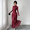 Vestido largo de encaje con cuello medio de manga larga, estilo europeo y americano, transfronterizo, para mujer, con cintura ceñida, bajo acampanado y corte elegante y ajustado