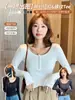 H262 Camiseta Básica Manga Longa com Gola U Rosqueada para Mulheres, Nova Versátil para Outono e Inverno, Slim Fit, Valoriza o Corpo, Ombro Normal