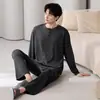 Pijama para hombre para otoño e invierno, 100% algodón, manga larga, pantalón largo, cuello redondo, corte holgado, casual, talla grande, conjunto de ropa de estar para jóvenes
