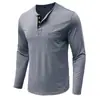 Camiseta de Manga Larga para Hombre 2026 Transfronteriza Algodón Corte Delgado Cuello Henley Bolsillo Camisa Base Transpirable Absorbe la Humedad Top para Hombre