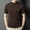 Suéter Masculino de Malha Cashmere Lavável à Máquina, Manga Curta, Gola Alta Parcial, Cor Lisa, Lã Penteada, Suéter Puyuan, Top de Seda de Amora