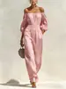 Mono casual de una sola manga para mujer, cintura elástica, manga larga, pierna ancha, color liso, nuevo estilo europeo y americano 2026, pantalón largo para mujer