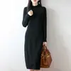Vestido de punto de ochos 100% lana con cuello semi-alto, vestido suéter de punto para mujer, otoño e invierno, longitud media, ajustado, por encima de la rodilla