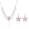 Set Transfronterizo Estilo Europeo y Americano Nueva Moda Tendencia Zirconia Rosa Claro Collar Pendientes Cadena de Clavícula Floral Elegante