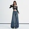 Pantalones vaqueros de lino azul oscuro con diseño repujado en plata para mujer, novedad principios de otoño 2026 de tiro alto, holgados, pierna curva, de algodón