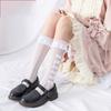 Medias de seda blancas, calcetines Lolita, calcetines con ribete de encaje, calcetines apilados de longitud media con lazo fino para mujer, primavera y verano, Jk