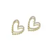 Brincos de Coração Duplo Simples Banhados a Ouro Real com Microcravação de Zircônia, Brincos Elegantes de Coração Duplo Pêssego Vazado Coração com Coração