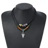 Collar de Moda Retro Europeo y Americano de Venta Caliente Transfronterizo Tejido a Mano Aleación Flecha Hilo de Cera de Cuero Cuentas de Madera Collar de Doble Capa
