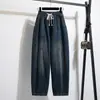 Foto Real de Calças Jeans Femininas Wide Leg Outono 2025 Tamanho Plus Cintura Alta Afinando Cordão Elástico na Cintura Calças Longas Curvas