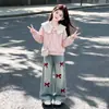 Moletom Estilo Coreano Doce Estilo College Gola Azul Marinho para Crianças Médias e Grandes Conjunto de Duas Peças Calças Wide-Leg Versáteis Casuais Primavera/Outono 2026