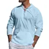 Camisa Masculina Esportiva Casual Tropical de Algodão e Linho com Amarração Bolso Decoração Cor Sólida Com Capuz Manga Longa Tendência
