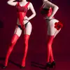 Conjunto Sexy Brilhante Transparente Peça Única com Abertura no Gancho e Meias-Liga, Sedutor Sedoso Não Tirável Quente Erótico de Corte Alto
