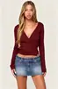Colección Primavera/Otoño 2026: Nuevas camisetas de color liso con cuello en V, estilo europeo y americano transfronterizo, tops de manga larga a la moda y elegantes estilo cárdigan, y ropa interior para mujer