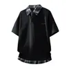 Camisa Polo Retro a Cuadros con Solapa para Hombre, Camiseta de Verano de Manga Corta Falsa de Dos Piezas Cosida, Top Casual Estilo Universitario