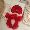 Conjunto de Gorro y Calcetines para Bebé Niña, Gorro de Hilo con Lazo Rojo, Gorro Protector de Fontanela para Recién Nacido, India