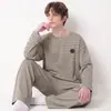 Pijama para hombre al por mayor transfronterizo, algodón puro, otoño e invierno, manga larga, cuello redondo, a rayas, casual, talla grande, conjunto de ropa de casa para hombre
