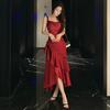 Bata de Mañana Femenina Vestido de Dama de Honor de Novia Vestido para Brindis de Boda Falda Larga Vestido de Cintura con Tirantes Rojo de Alta Gama Verano