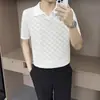 Camiseta de Punto Calado de Color Sólido Fino con Cuello Solapa Manga Corta Estilo Simple a Cuadros para Hombre Camisa Polo Ajustada Estilo Maduro
