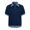 Camiseta de Manga Corta con Cuello Polo, Patchwork a Cuadros de Dos Piezas Falsas de Gama Alta Americana, Estilo Universitario de Verano para Hombre, Solapa, Media Manga