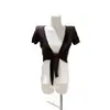 Top de punto corto marrón con cuello en V y lazada para mujer, Bm Manga corta Estilo cruzado Hombros anchos Cubre-todo Prendas de abrigo