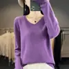 Suéter de punto de manga larga con cuello en V 100% lana para otoño e invierno, de alta gama, listo para usar, de corte ajustado para mujer