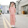 Novo Conjunto Estilo Chinês para Meninas 2026 Verão Novo Modelo para Crianças Maiores, Estilo Tendência Nacional com Conjunto Casual de Duas Peças com Botões e Manga Curta