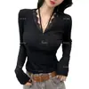 Camiseta Térmica de Manga Longa com Gola V e Patchwork de Renda para Mulheres, Novo Estilo Outono e Inverno 2026, Estilo Pura Desejo, Corte Justo, Blusa Valorizadora para Mulheres