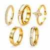 Conjunto de Anillos Combinados de Acero Inoxidable Estilo Retro Francés Múltiples Estilos Conjuntos de 3/4/5 Piezas Anillo de Apilamiento con Diamantes Incrustados de Nácar