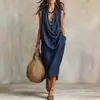 2026 Nuevo Vestido de Vacaciones Casual Holgado de Algodón y Lino con Cuello Oscilante para Mujer, Transfronterizo Europeo y Americano, Amazon