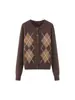Comercio Electrónico Transfronterizo Novedades de Otoño Ropa para Mujer Moda Estilo Europeo y Americano Versátil Cuadros de Diamantes Cuello Redondo Suéter Cardigan Tejido