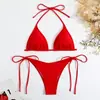 Bikini de Tres Piezas Traje de Baño Transfronterizo Sexy con Cordón Ajustable Espalda Descubierta Bikini de Color Sólido con Nudo Traje de Baño de Dos Piezas