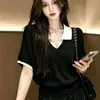Nuevo Estilo Verano 2026 Camiseta de Punto Falsa de Dos Piezas con Bloques de Color y Cuello Polo para Mujer, Corte Holgado, Camiseta Fina de Manga Corta, Camisa Murciélago