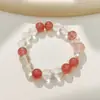 Pulsera de Cristal de Fresa Natural Rosa Claro Redonda para Mujer Verano Nuevo Estilo Diseño Fresco Pulsera de Moda