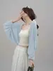 Cardigan de Tricô Cinza Elegante de Seda de Gelo com Proteção Solar para Mulheres Verão Francês Alça Suspensa Top de Blusa para Ar Condicionado Xale de Tule