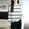 Suéter de Punto Redondo de Lana Fina para Mujer, Manga Larga, Bloque de Color Rayado, Holgado, Camisa Base Superior, Otoño/Invierno 2026