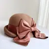 Estilo de Celebridad Sombrero de Cuenca de Lana Enrollada con Lazo Grande para Mujer Invierno Elegante Elegante Sombrero de Fieltro Británico Versátil Sombrero Cálido