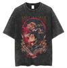 Camiseta de manga corta con estampado de batik lavado, estilo vintage de calle principal, de gran tamaño y con estampado de anime japonés gigante