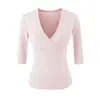 Estilo Puro Deseo Sexy Cuello en V Profundo Escotado Mangas Largas Capa Base Otoño Diseño Sutil Versátil Ajuste Delgado Color Sólido Camiseta Top Mujer