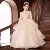 Novo Vestido Infantil de Outono Estilo Chinês Gola Alta Manga Longa Tule Bufante Linha A Vestido de Aniversário para Menininha
