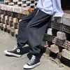 Calça Jeans Masculina Casual Tendência Marca Cintura Elástica com Cordão Perna Larga Solta Estilo Hong Kong Fina Amarrada no Tornozelo Calça Longa
