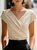 Camiseta Feminina Novo Estilo 2026 Europeia e Americana Transfronteiriça Elegante Cor Sólida Gola V Manga Curta Slim Top de Verão para Mulheres