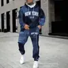 Conjunto de Moletom com Capuz Solto Casual e Calça de Moletom com Estampa Digital 3D em Imitação de Jeans, Novo e na Moda, Transfronteiriço