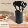Conjunto de seis peças de utensílios de cozinha de silicone com cabo de madeira, pá de cozinha antiaderente para uso doméstico, colher, utensílios de cozinha, conjunto de pá de silicone para cozinha