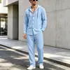 Conjunto con capucha para hombre de marca independiente transfronteriza con aspecto de lino, camisa casual de manga larga y pantalones largos, conjunto de dos piezas para la playa